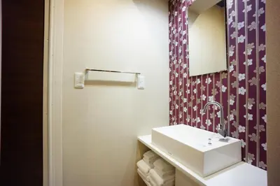 a bathroom with a sink and a mirror at RoNa Hotel in Tokyo