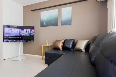 a living room with a black couch and a flat screen tv at Frieden Haus in Tokyo