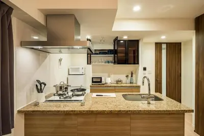 a kitchen with a sink and a counter top at Section L Ginza East in Tokyo