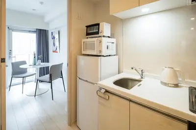 a kitchen with a sink and a microwave on top of a refrigerator at Section L Ginza East in Tokyo