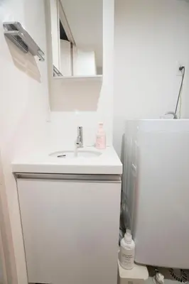 a bathroom with a sink and a mirror and a refrigerator at Hill Side Terrace Hiroo Shibuya 202 in Tokyo