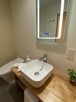 a bathroom with a sink and a mirror and a toilet at Kainoa Guesthouse in Tokyo