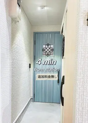 a blue door with a km from station sign on it at 2 type room, Akira&chacha guest home杉並区世田谷direct to shinjuku for 13 min 上北沢3分 近涉谷新宿Suitable for three or more people in Tokyo