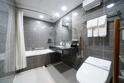 a bathroom with a toilet and a sink and a tub at KOKO HOTEL Ginza-1chome in Tokyo