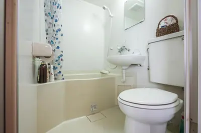 a white bathroom with a toilet and a sink at Fuji House West Shinjuku in Tokyo