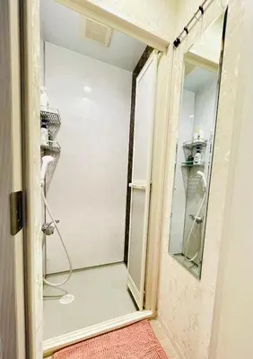 a shower with a mirror in a bathroom at YUYUSO Hostel-SG0165 in Tokyo
