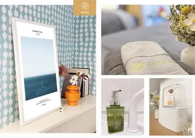 a collage of photos with a mirror on a counter at nestay apartment tokyo nippori in Tokyo