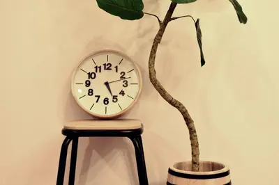 a clock sitting on a stool next to a plant at Higashi-Mukojima 2-chome Kodate - Vacation STAY 8987 in Tokyo