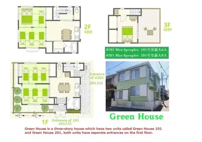 a floor plan and diagrams of a green house at Green House 201 in Tokyo