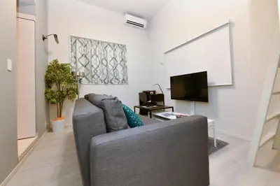 a living room with a couch and a flat screen tv at LacQuer House ASAKUSAⅠ in Tokyo