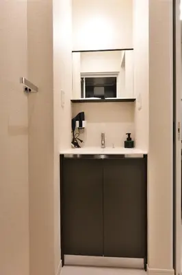 a bathroom with a sink and a mirror at LacQuer House ASAKUSAⅠ in Tokyo