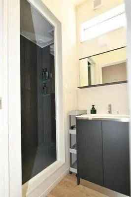a bathroom with a shower and a sink at LacQuer House ASAKUSA 2 in Tokyo