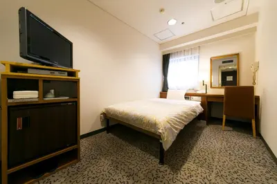 a hotel room with a bed and a desk with a television at Hotel Ohedo in Tokyo