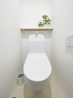 a bathroom with a white toilet with a plant on a shelf at nestay apartment tokyo ginza in Tokyo