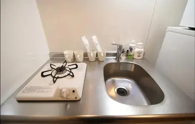 a kitchen counter with a sink with a spider on it at Uhome Kamiitabashi Apartment in Tokyo