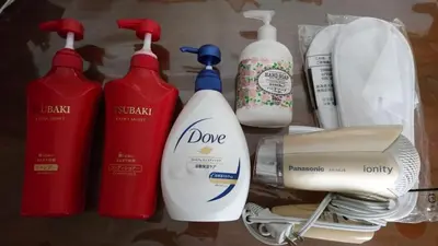 a group of cleaning products sitting on a shelf at Isshuku Ryokan Asakusabashi - Vacation STAY 13125v in Tokyo