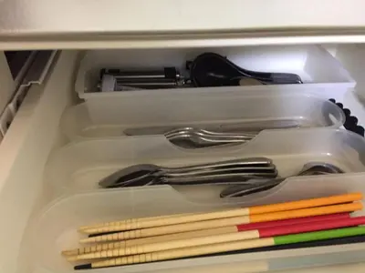 a drawer full of utensils in a refrigerator at Isshuku Ryokan Asakusabashi - Vacation STAY 17365v in Tokyo