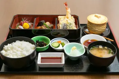 a tray of food with rice and bowls of food at Pearl Hotel Ryogoku in Tokyo