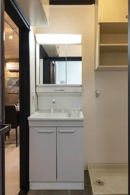 a bathroom with a white sink and a mirror at Urban Stay Oshiage in Tokyo