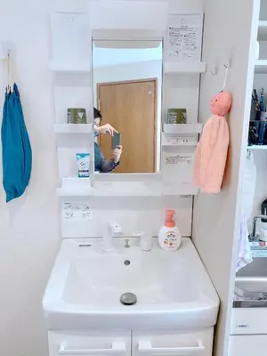 a bathroom with a white sink and a mirror at SKYE HOME in Tokyo