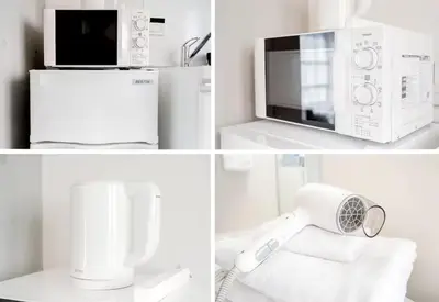a collage of four pictures of a microwave and refrigerator at japan house ebisu in Tokyo