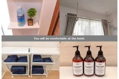 a collage of two pictures of a room with four bottles at Sky Tree house in Tokyo