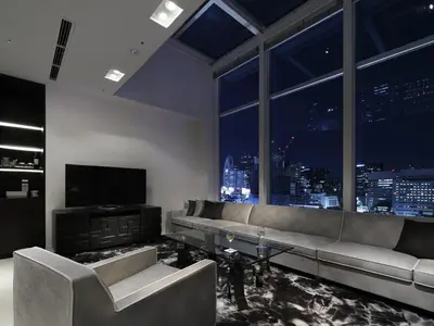 a living room with a couch and a television at Shinjuku Granbell Hotel in Tokyo