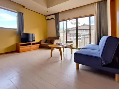 a living room with a couch and a tv at Sasatsuka Fleur Tachibana Hotel Apartment in Tokyo