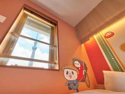 a bedroom with the eiffel tower in the window at Rakuten STAY Tokyo Asakusa Okaimono Panda Twin Room A in Tokyo