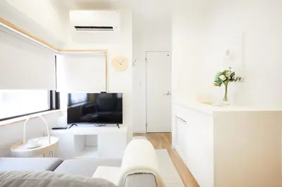 a white living room with a couch and a tv at Designers Hotel Siesta in Tokyo