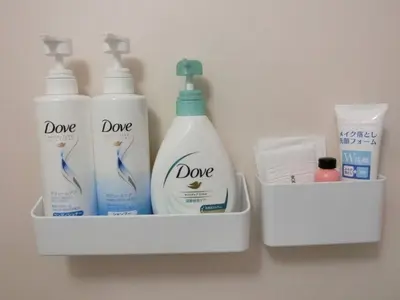 a shelf with two bottles of detergent and other bathroom products at Grandeur Imagawa - Vacation STAY 11149 in Urayasu