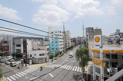 an overhead view of a city street with traffic at \u6b66\u8535Musashi Hotel in Tokyo