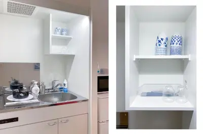 two pictures of a kitchen with a sink and a counter at japan house shinkoiwa in Tokyo