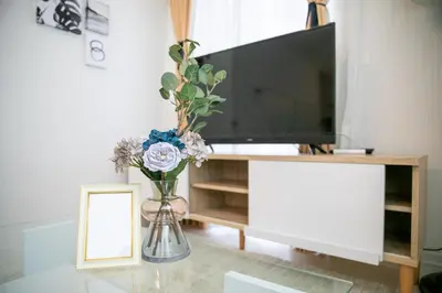 a living room with a tv and a vase with flowers at Skytree view Oshiage in Tokyo