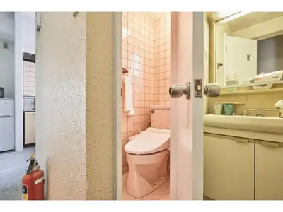 a bathroom with a pink toilet and a sink at Tora Hotel Kitaueno - Vacation STAY 52747v in Tokyo