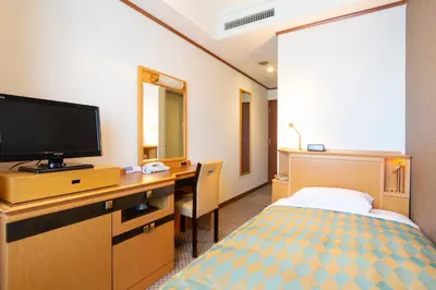 a hotel room with a bed and a desk with a television at Hotel Le Port Kojimachi in Tokyo