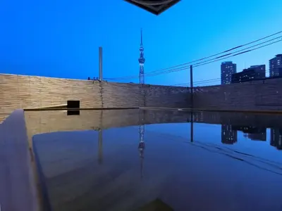 a bridge over a body of water with a city in the background at \u8461\u8404\u306e\u9577\u5c4b in Tokyo