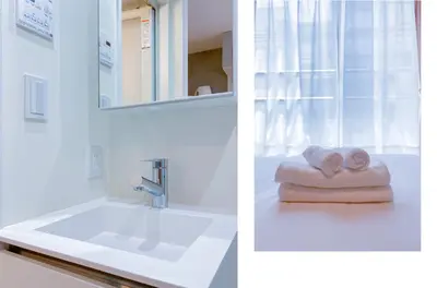 two pictures of a bathroom with a sink and towels at japan house nishishinjuku in Tokyo