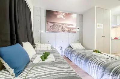 two beds in a room with a tv on the wall at japan house nishishinjuku in Tokyo