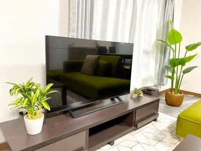 a living room with a large flat screen tv at \u30ef\u30f3\u30cf\u30a6\u30b9\u65b0\u5c0f\u5ca9 in Tokyo