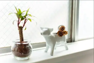 a figurine of a dog and a plant on a window sill at &y Kitasenju in Tokyo
