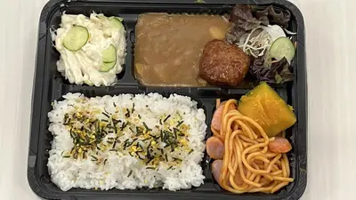 a lunch box with rice and different types of food at Toyoko Inn Tokyo Nihombashi Hamacho Meijiza Mae in Tokyo