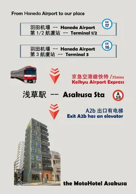 a poster of a building and a bus at the Moto Hotel Asakusa in Tokyo