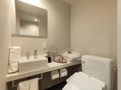 a bathroom with a sink and a toilet and a mirror at yksi SAUNA & STAY in Tokyo