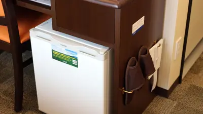 a small white refrigerator next to a wooden cabinet at Toyoko Inn Tokyo Ueno Tawaramachi eki in Tokyo