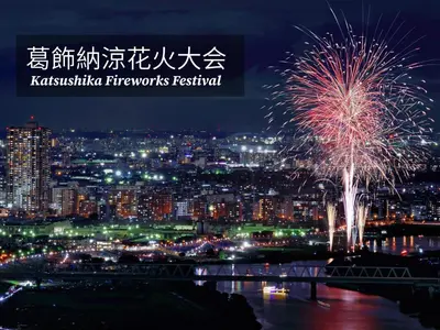a firework display over a city at night at Restay lagoon in Tokyo