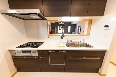 a small kitchen with a sink and a stove at Y's HOTEL KAMEARI in Tokyo