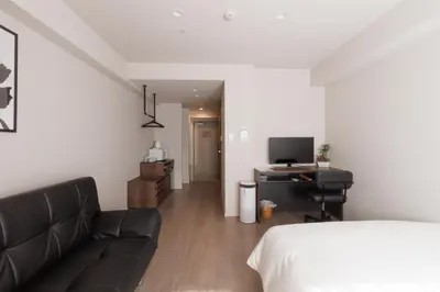 a room with a bed and a couch and a television at LANG HOTEL Kameido-2#Near Akihabara#\u30c1\u30a7\u30c3\u30af\u30a2\u30a6\u30c8\u306e\u307f\u6e05\u6383\u3042\u308a in Tokyo