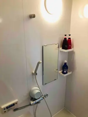 a bathroom with a mirror on the wall and a sink at Guest house \u83ef\u97f3 in Tokyo