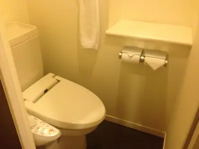 a small bathroom with a toilet and a roll of toilet paper at Kuretake Inn Premium Hamamatsucho in Tokyo